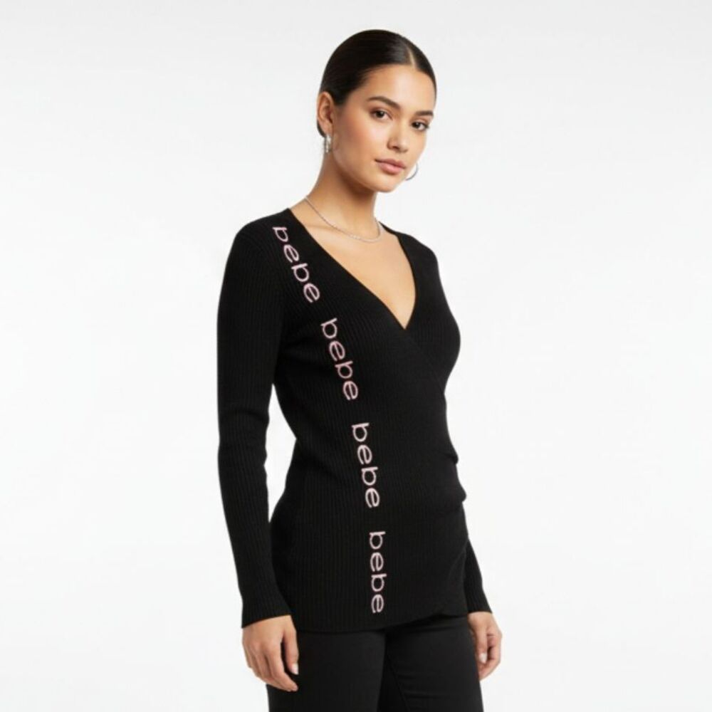 Bebe Black Knit Long Sleeve Wrap Logo Print Sweater NEW 1X